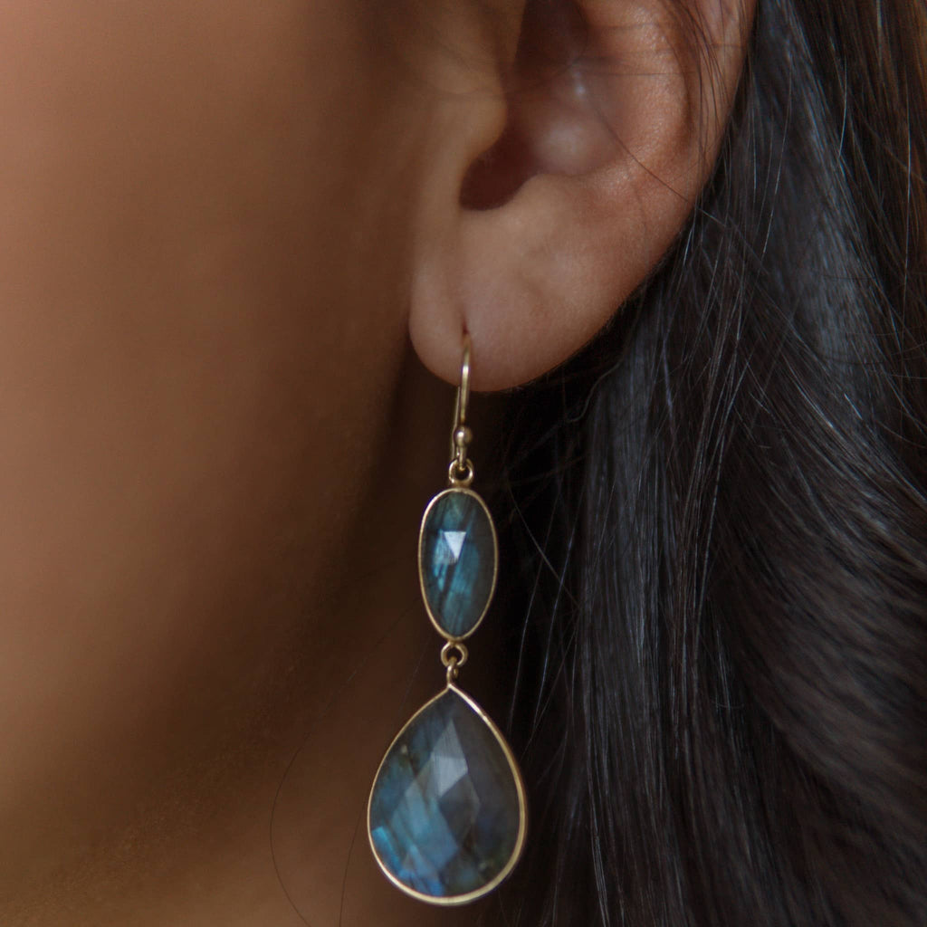 Close-up of labradorite gold drop earrings, highlighting the natural iridescence of the gemstones.
