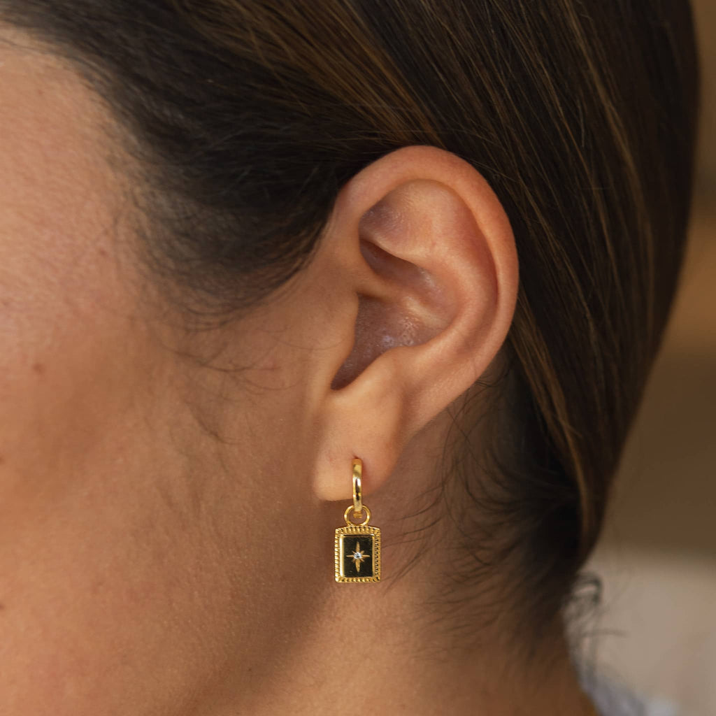 Gold Rectangle Drop Earrings with Starburst Design