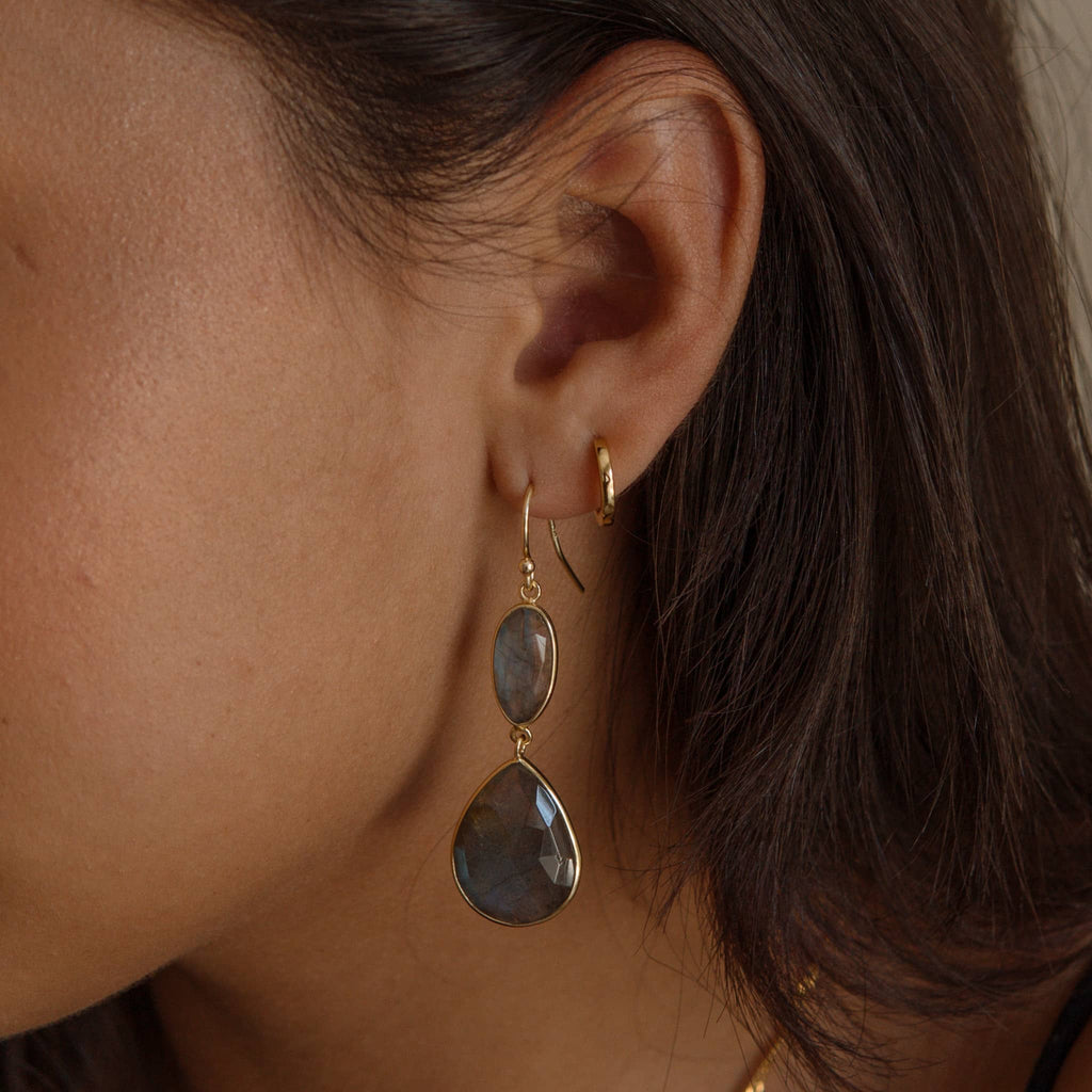 Stylish labradorite gold drop earrings, perfect for both everyday wear and special occasions.