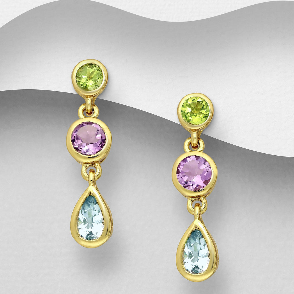Amethyst, Peridot, and Sky-Blue Topaz gemstone earrings.