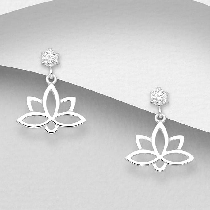 High-Quality Silver Lotus Flower Earrings Featuring Crystal Studs